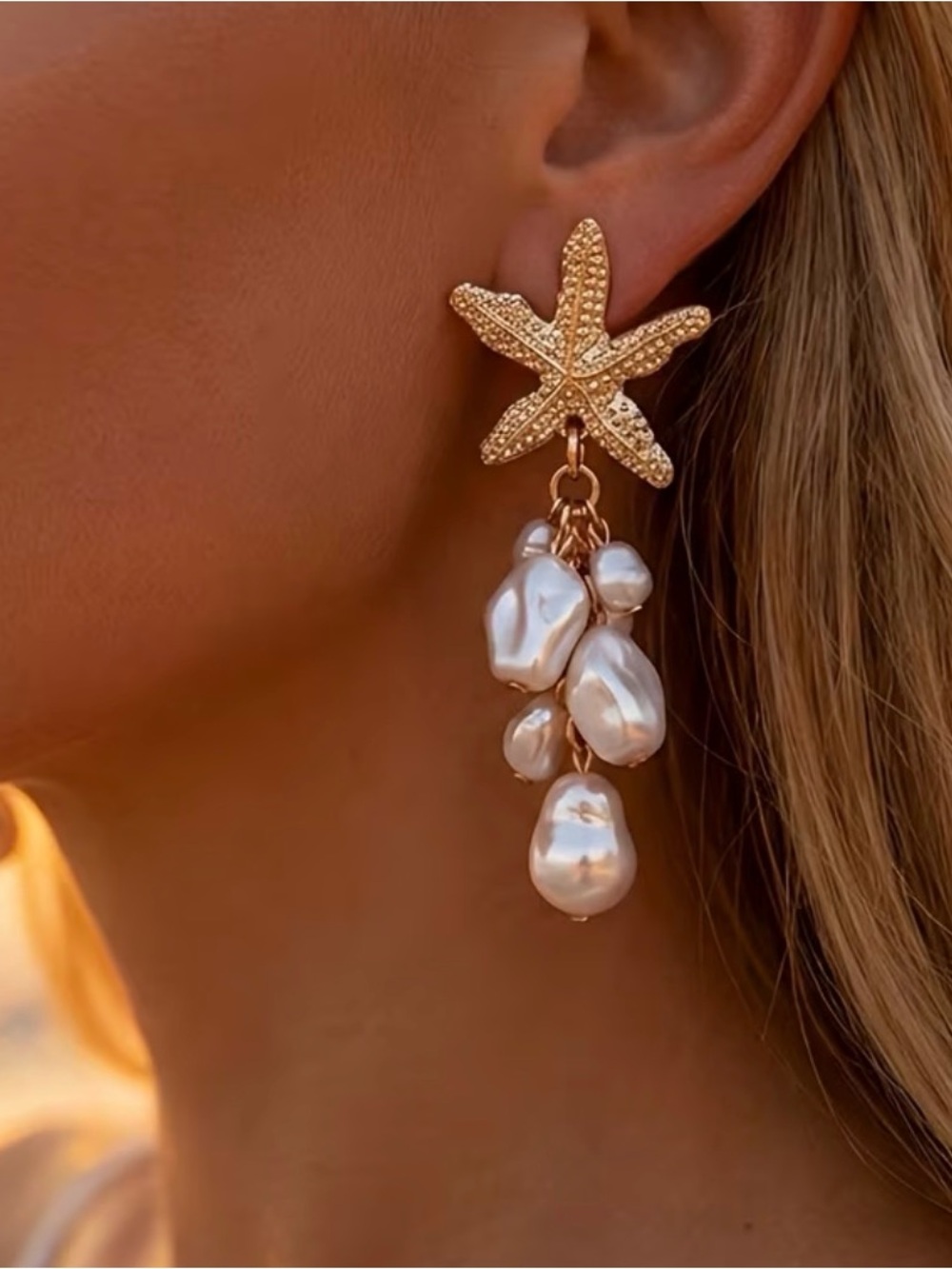 Gold Starfish Drop Earrings with White Baroque Pearls - Women Jewelry